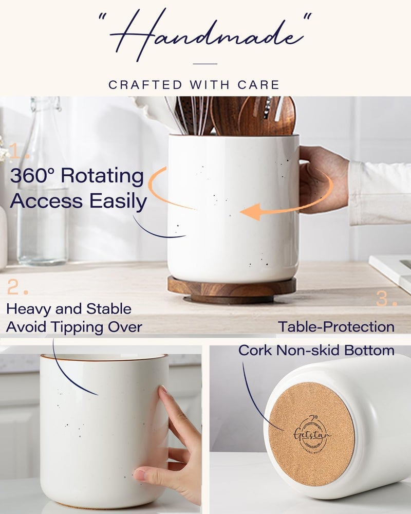 GET STAR 7.9" Extra Large Utensil Holder for Kitchen Counter, 360°Rotating Ceramic Utensils Crocks Utensil Organizer for Spatula Farmhouse Kitchen Decor - Image 3